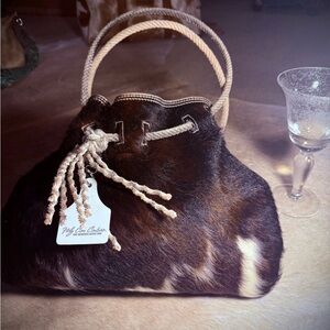 Handheld Cowhide Tote Bag with Rope Handles - Brown